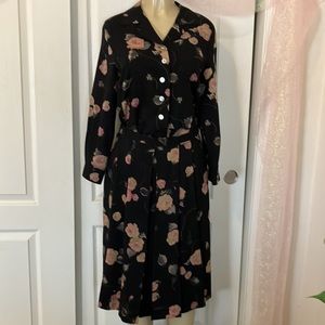 Vintage Blouse and Skirt Set Geiger Collection Black Rose and Clover Design Pink